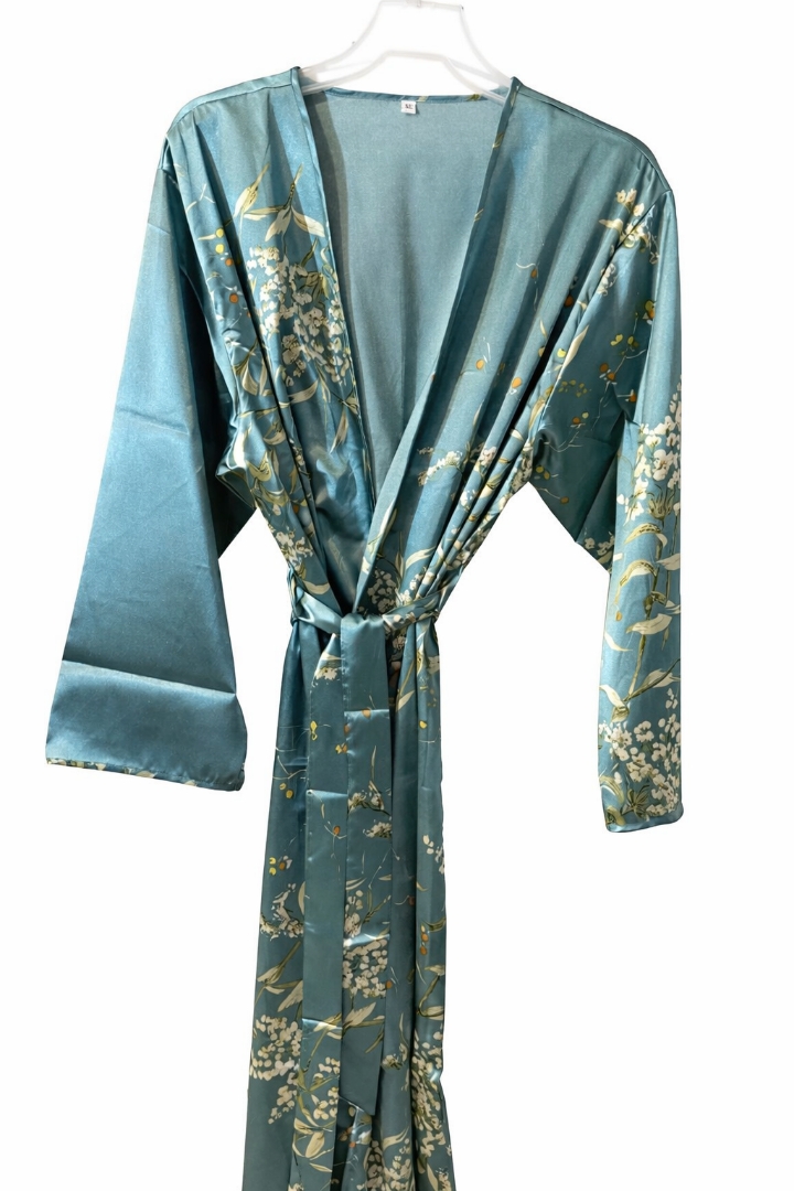 a teal satin kimono-style robe night wear